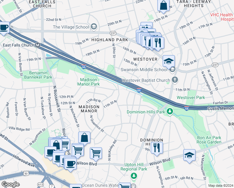 map of restaurants, bars, coffee shops, grocery stores, and more near 1112 North Ohio Street in Arlington