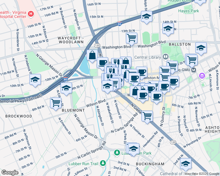 map of restaurants, bars, coffee shops, grocery stores, and more near 900 Virginia 120 in Arlington