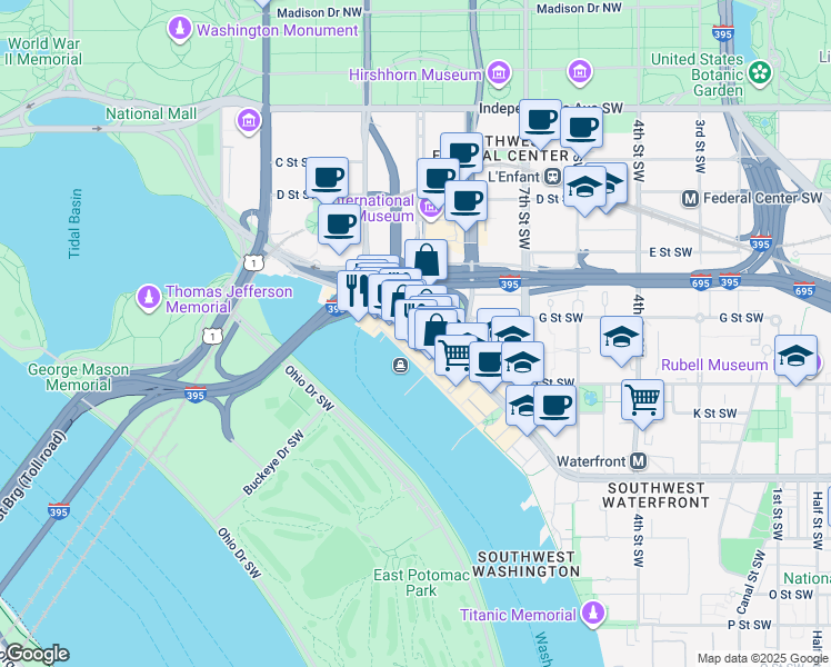 map of restaurants, bars, coffee shops, grocery stores, and more near 998 Maine Avenue Southwest in Washington