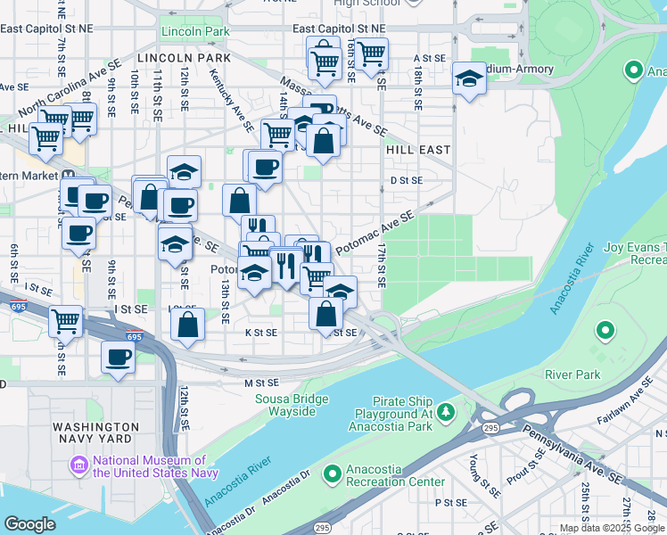 map of restaurants, bars, coffee shops, grocery stores, and more near 707 Kentucky Avenue Southeast in Washington