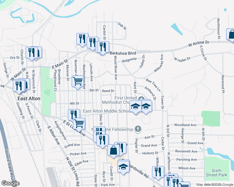 map of restaurants, bars, coffee shops, grocery stores, and more near 424 Wood River Avenue in East Alton