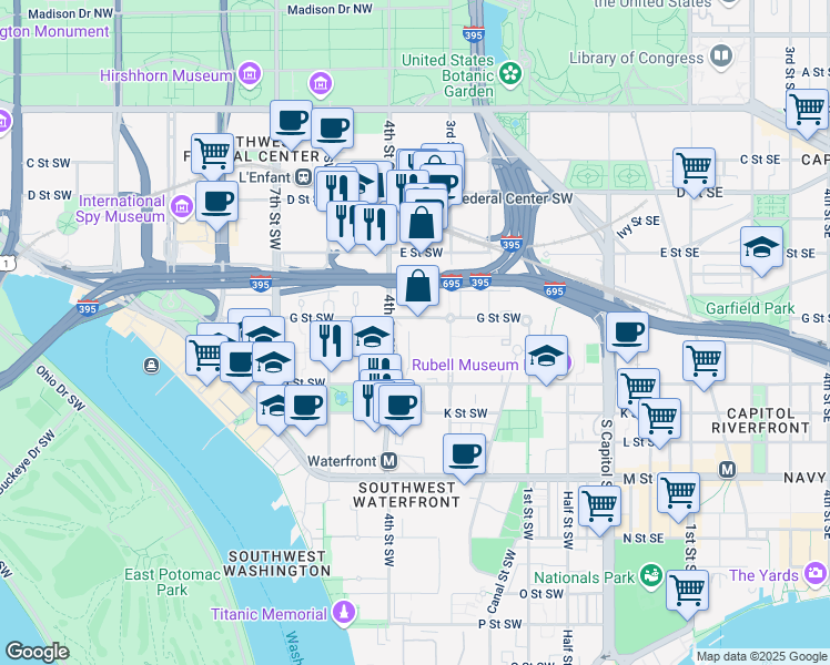 map of restaurants, bars, coffee shops, grocery stores, and more near 101 Independence Avenue Southeast in Washington