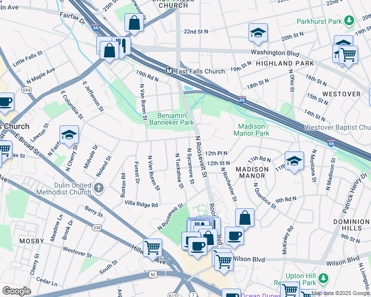 map of restaurants, bars, coffee shops, grocery stores, and more near 1304 North Sycamore Street in Arlington