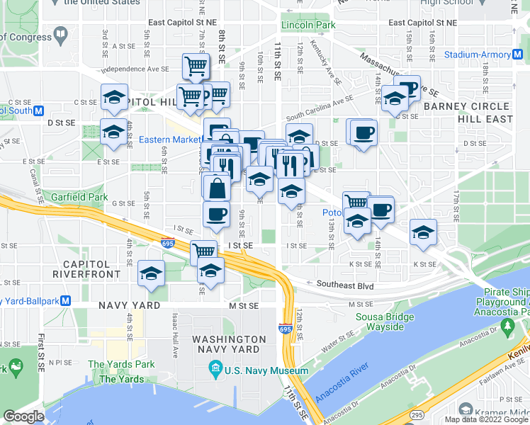 map of restaurants, bars, coffee shops, grocery stores, and more near 1001 G Street Southeast in Washington