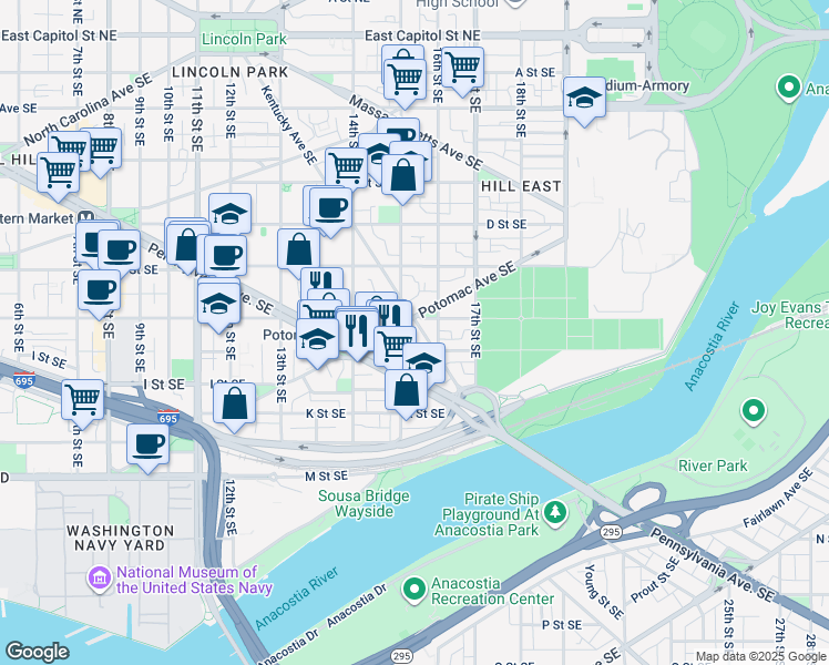 map of restaurants, bars, coffee shops, grocery stores, and more near 707 Kentucky Avenue Southeast in Washington
