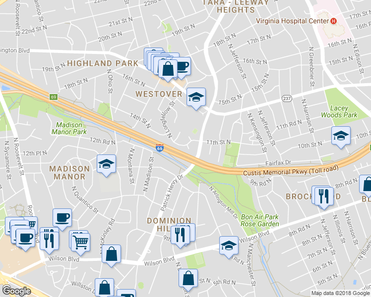 map of restaurants, bars, coffee shops, grocery stores, and more near 5832 11th Street North in Arlington