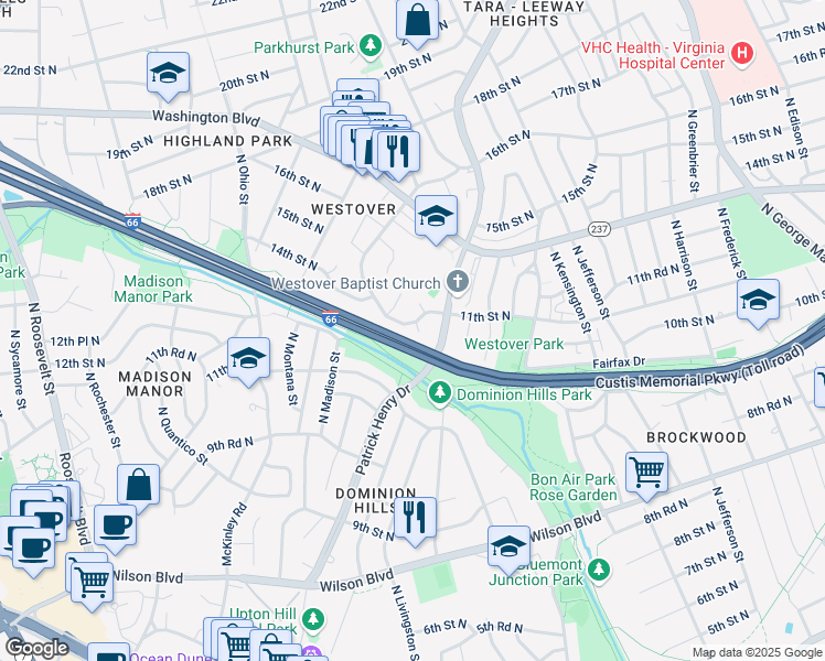 map of restaurants, bars, coffee shops, grocery stores, and more near 5832 11th Street North in Arlington
