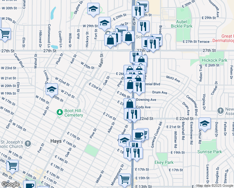 map of restaurants, bars, coffee shops, grocery stores, and more near 2441-2447 Pine Street in Hays