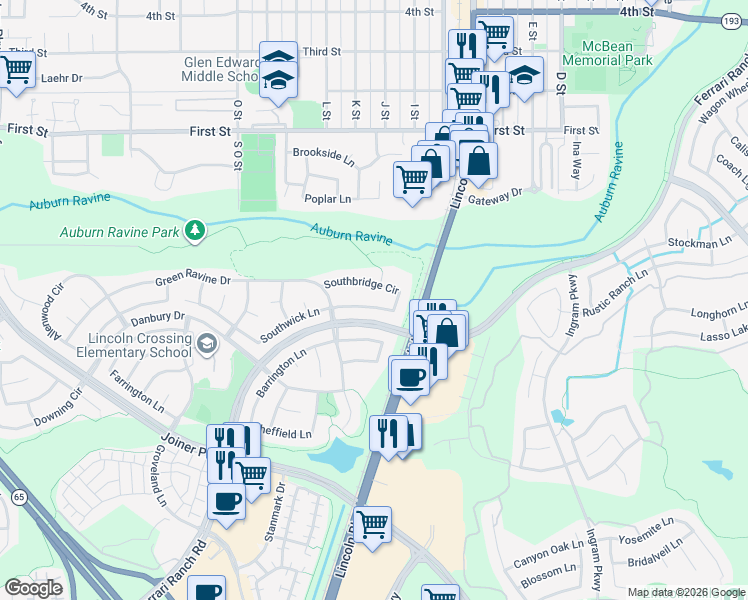 map of restaurants, bars, coffee shops, grocery stores, and more near 1104 Southbridge Circle in Lincoln