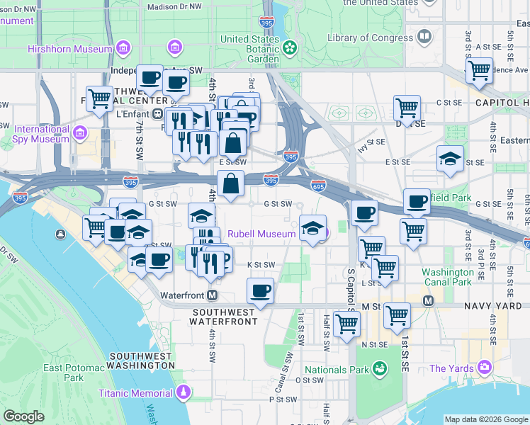 map of restaurants, bars, coffee shops, grocery stores, and more near 242 G Street Southwest in Washington