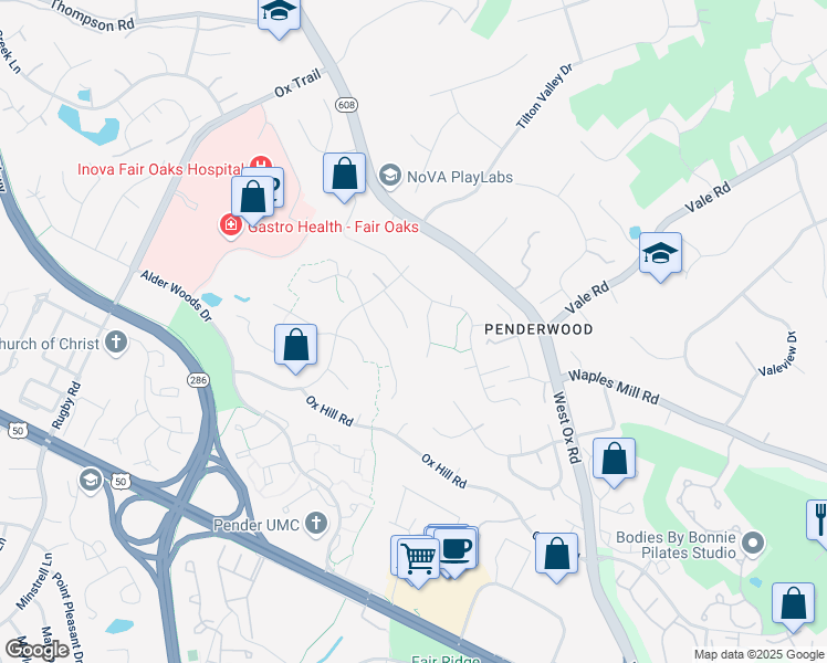 map of restaurants, bars, coffee shops, grocery stores, and more near 12402 Stewarts Ford Court in Fairfax