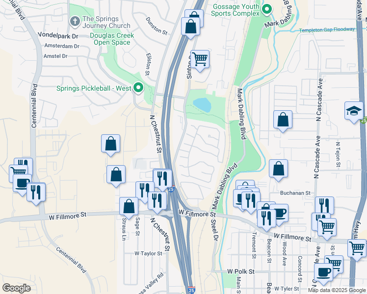 map of restaurants, bars, coffee shops, grocery stores, and more near 3405 Sinton Road in Colorado Springs