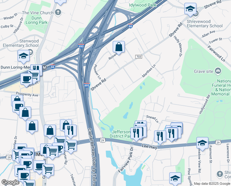 map of restaurants, bars, coffee shops, grocery stores, and more near 2725 Pioneer Lane in Falls Church