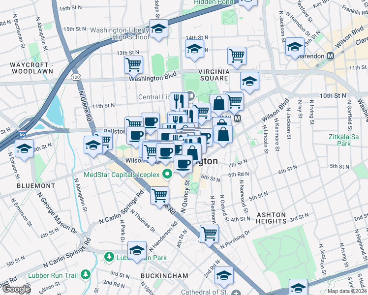 map of restaurants, bars, coffee shops, grocery stores, and more near 888 North Quincy Street in Arlington