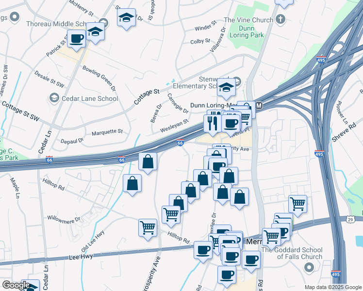 map of restaurants, bars, coffee shops, grocery stores, and more near 2703 Dorr Avenue in Fairfax