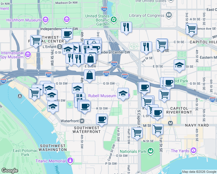 map of restaurants, bars, coffee shops, grocery stores, and more near 101 Independence Avenue Southeast in Washington