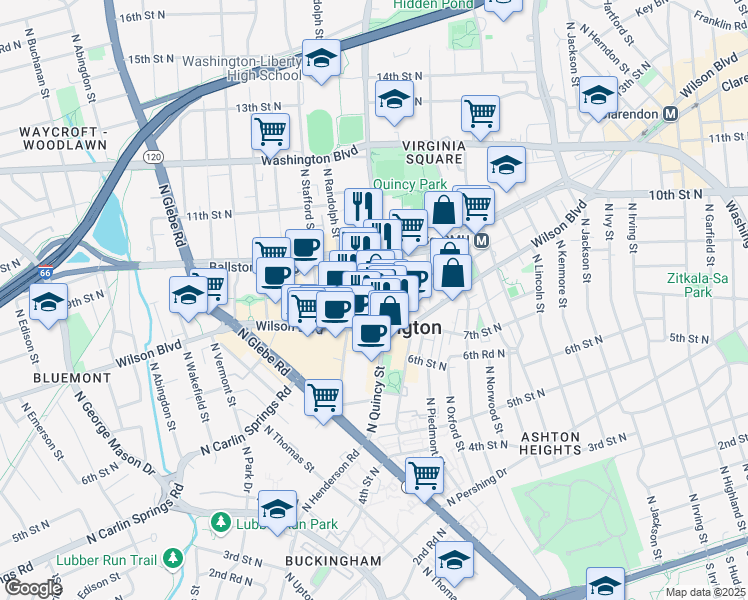 map of restaurants, bars, coffee shops, grocery stores, and more near 888 South Quincy Street in Arlington