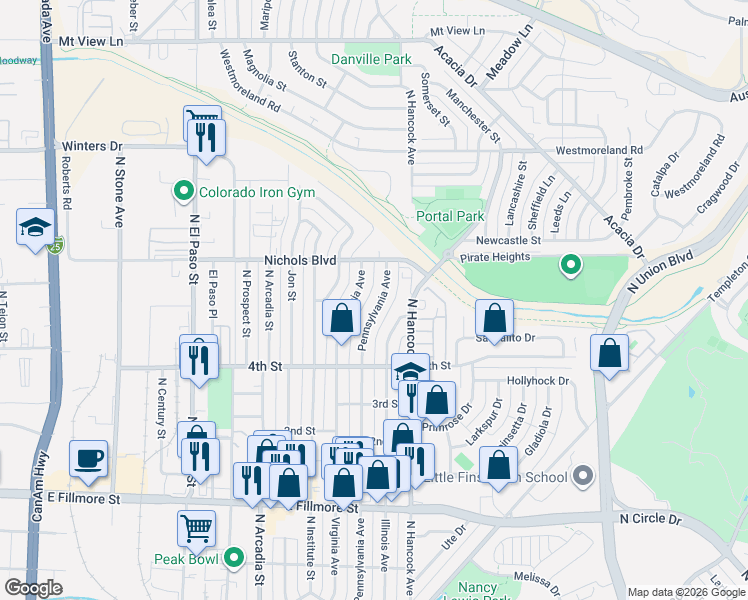 map of restaurants, bars, coffee shops, grocery stores, and more near 3314 Pennsylvania Avenue in Colorado Springs