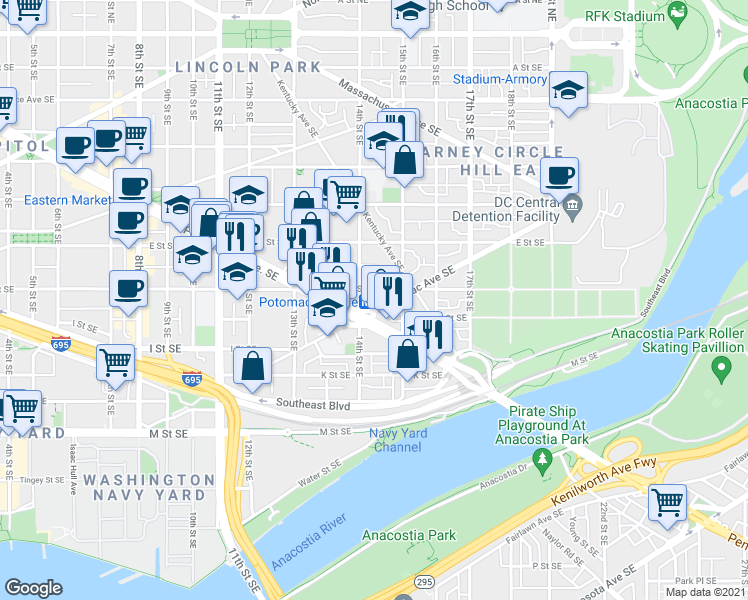 map of restaurants, bars, coffee shops, grocery stores, and more near 101 Independence Avenue Southeast in Washington