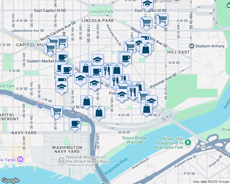 map of restaurants, bars, coffee shops, grocery stores, and more near 101 Independence Avenue Southeast in Washington