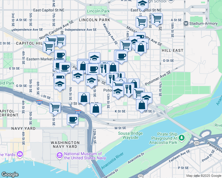 map of restaurants, bars, coffee shops, grocery stores, and more near 101 Independence Avenue Southeast in Washington
