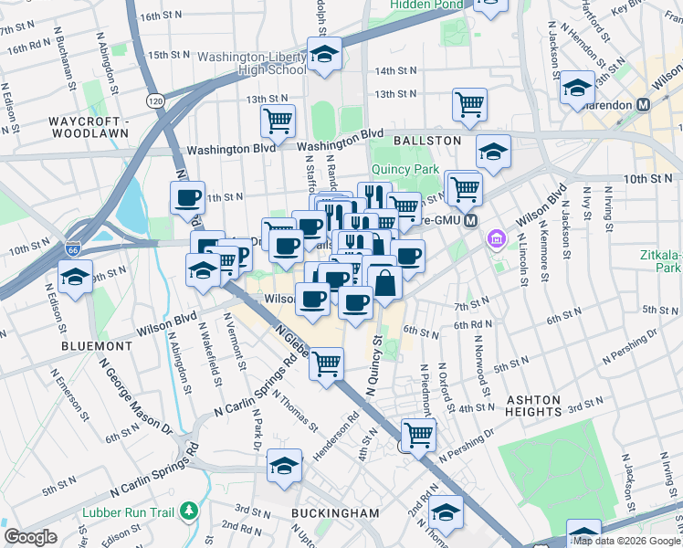 map of restaurants, bars, coffee shops, grocery stores, and more near 665 Virginia 120 in Arlington
