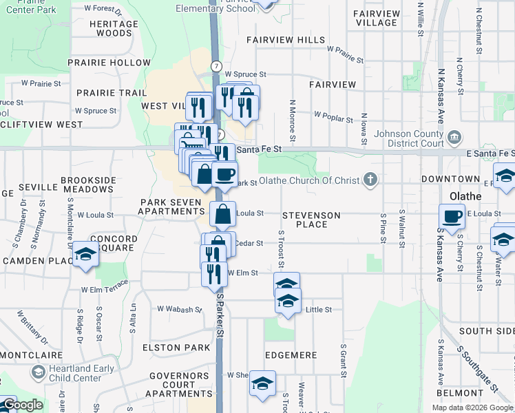 map of restaurants, bars, coffee shops, grocery stores, and more near 701 West Park Street in Olathe