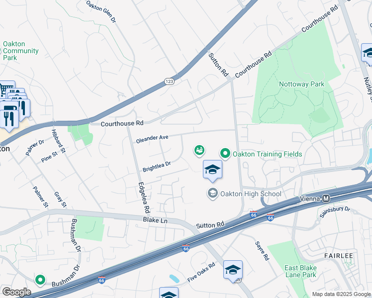 map of restaurants, bars, coffee shops, grocery stores, and more near 9809 Brightlea Drive in Vienna