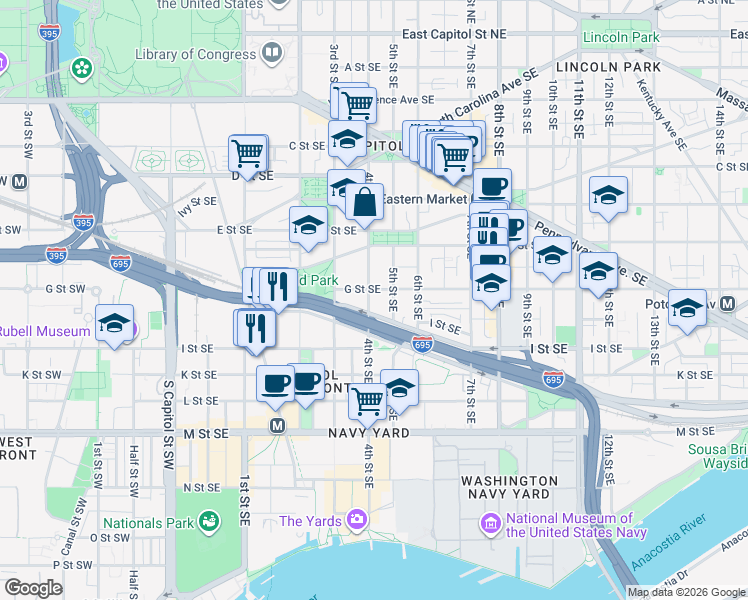 map of restaurants, bars, coffee shops, grocery stores, and more near 101 Independence Avenue Southeast in Washington