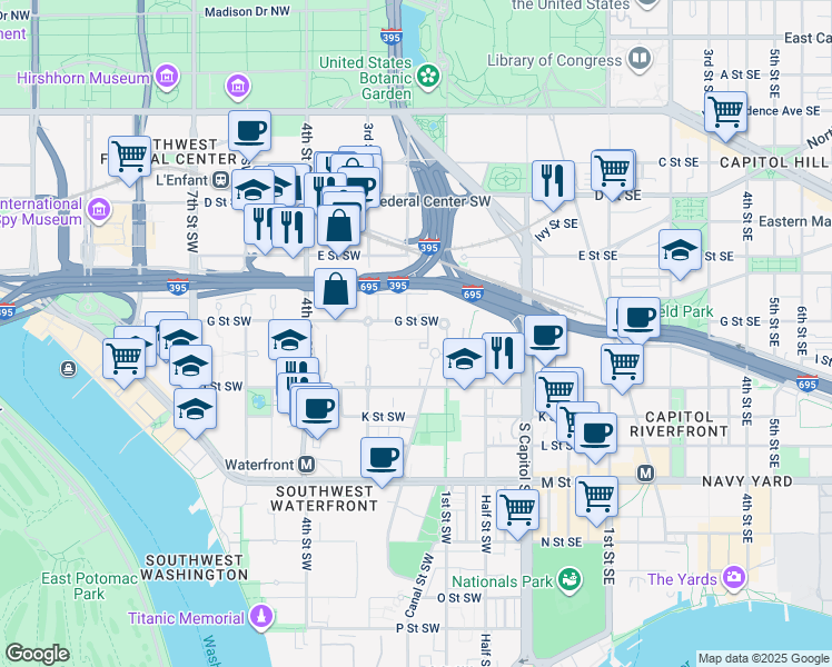 map of restaurants, bars, coffee shops, grocery stores, and more near 150 G Street Southwest in Washington