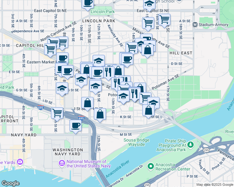 map of restaurants, bars, coffee shops, grocery stores, and more near 1315 Pennsylvania Avenue Southeast in Washington
