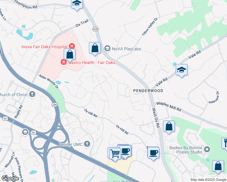map of restaurants, bars, coffee shops, grocery stores, and more near 12402 Stewarts Ford Court in Fairfax