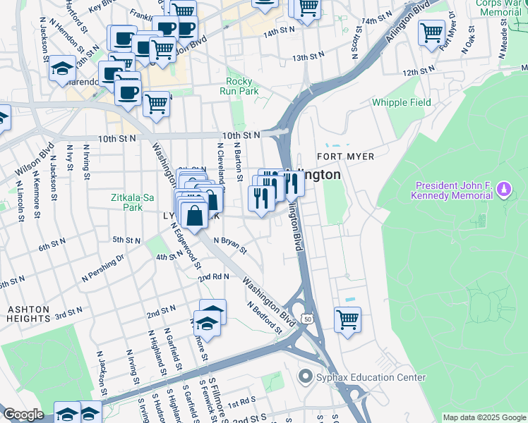 map of restaurants, bars, coffee shops, grocery stores, and more near 2209 North Pershing Drive in Arlington