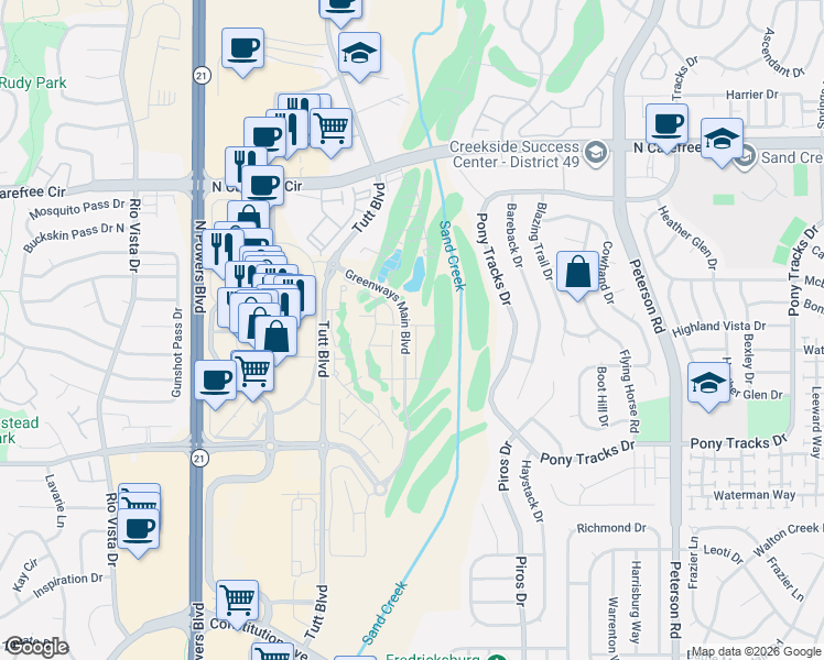 map of restaurants, bars, coffee shops, grocery stores, and more near 3595 Greenways Main Boulevard in Colorado Springs