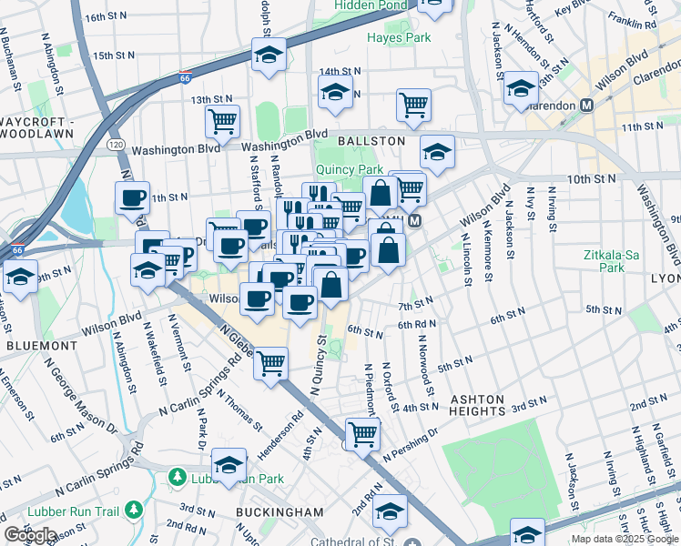 map of restaurants, bars, coffee shops, grocery stores, and more near 880 North Pollard Street in Arlington