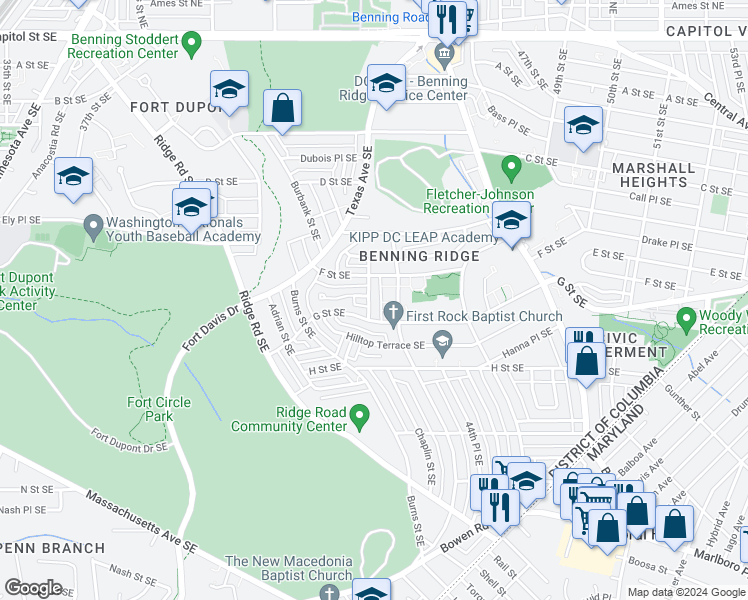 map of restaurants, bars, coffee shops, grocery stores, and more near 630 Chaplin Street Southeast in Washington