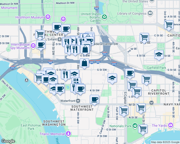 map of restaurants, bars, coffee shops, grocery stores, and more near 715 3rd Street Southwest in Washington