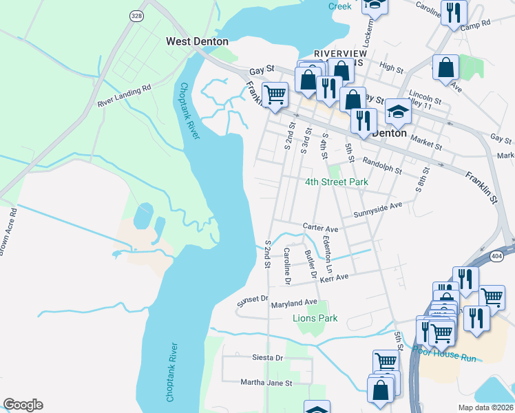 map of restaurants, bars, coffee shops, grocery stores, and more near 316 South 2nd Street in Denton