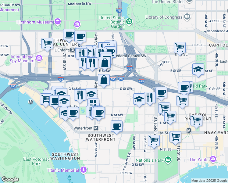map of restaurants, bars, coffee shops, grocery stores, and more near 730 3rd Street Southwest in Washington