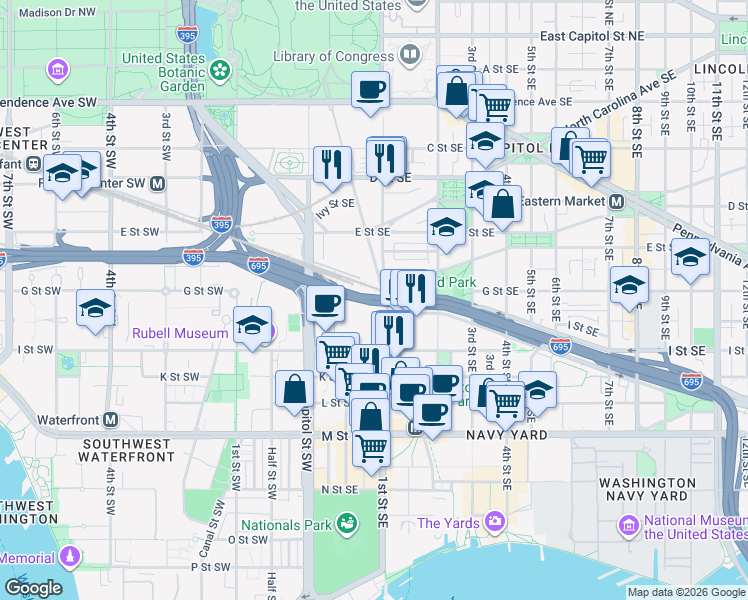 map of restaurants, bars, coffee shops, grocery stores, and more near 101 Independence Avenue Southeast in Washington