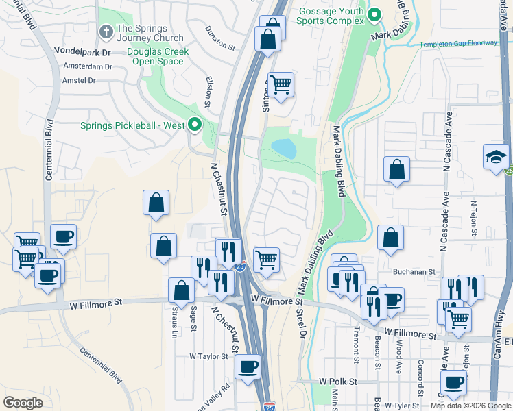 map of restaurants, bars, coffee shops, grocery stores, and more near 3436 Sinton Road in Colorado Springs