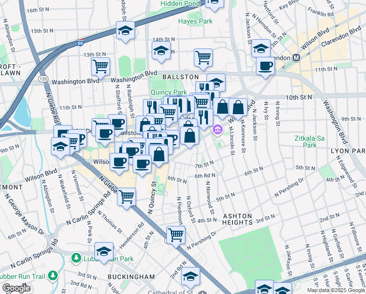 map of restaurants, bars, coffee shops, grocery stores, and more near 3821 Wilson Boulevard in Arlington