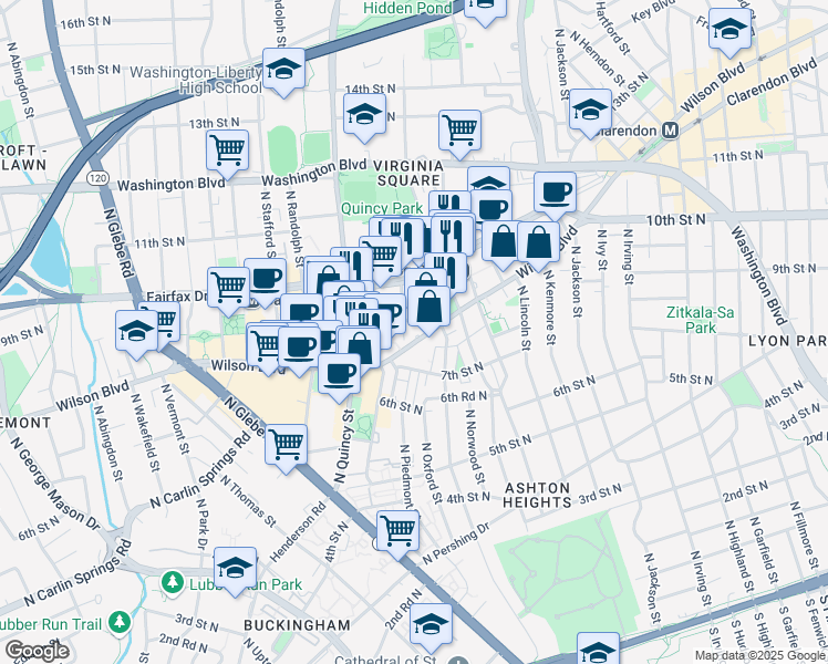 map of restaurants, bars, coffee shops, grocery stores, and more near 3821 Wilson Boulevard in Arlington