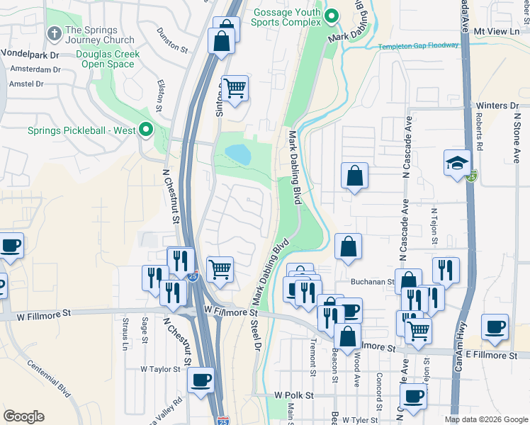 map of restaurants, bars, coffee shops, grocery stores, and more near 3430 Mark Dabling Boulevard in Colorado Springs