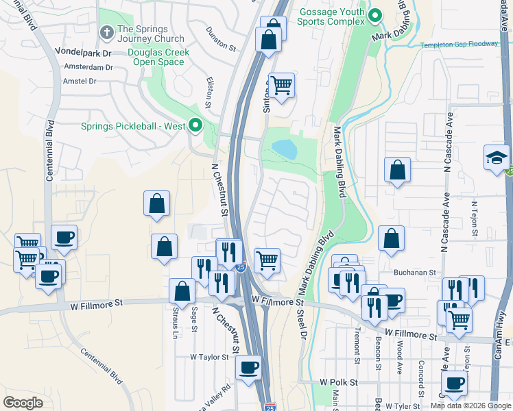 map of restaurants, bars, coffee shops, grocery stores, and more near 3436 Sinton Road in Colorado Springs