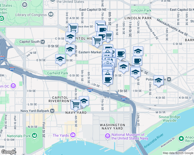map of restaurants, bars, coffee shops, grocery stores, and more near 101 Independence Avenue Southeast in Washington
