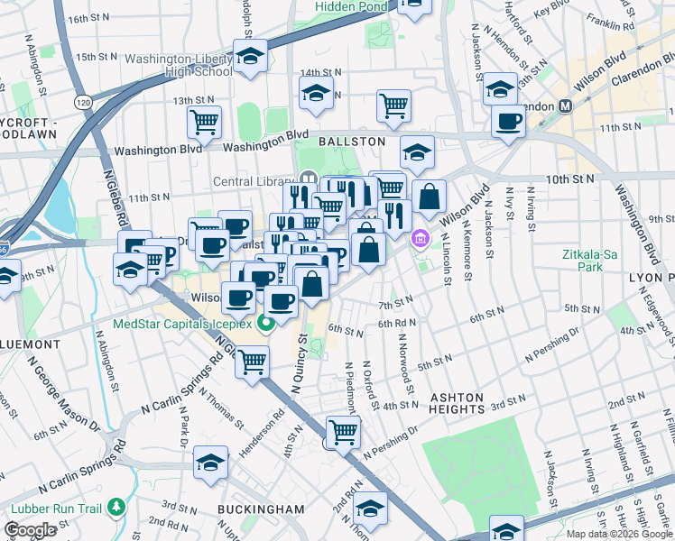 map of restaurants, bars, coffee shops, grocery stores, and more near 3830 9th Street North in Arlington