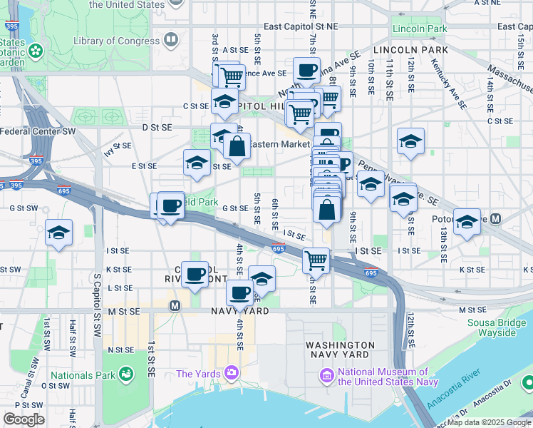 map of restaurants, bars, coffee shops, grocery stores, and more near 101 Independence Avenue Southeast in Washington