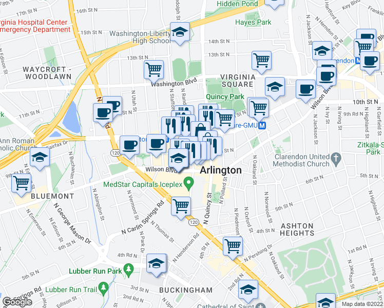 map of restaurants, bars, coffee shops, grocery stores, and more near North Randolph Street & 9th Street North in Arlington