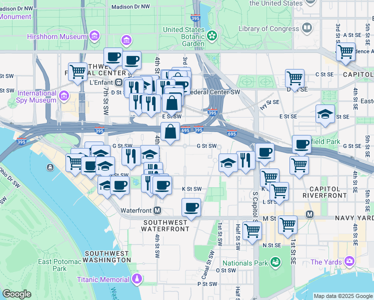 map of restaurants, bars, coffee shops, grocery stores, and more near 726 3rd Street Southwest in Washington